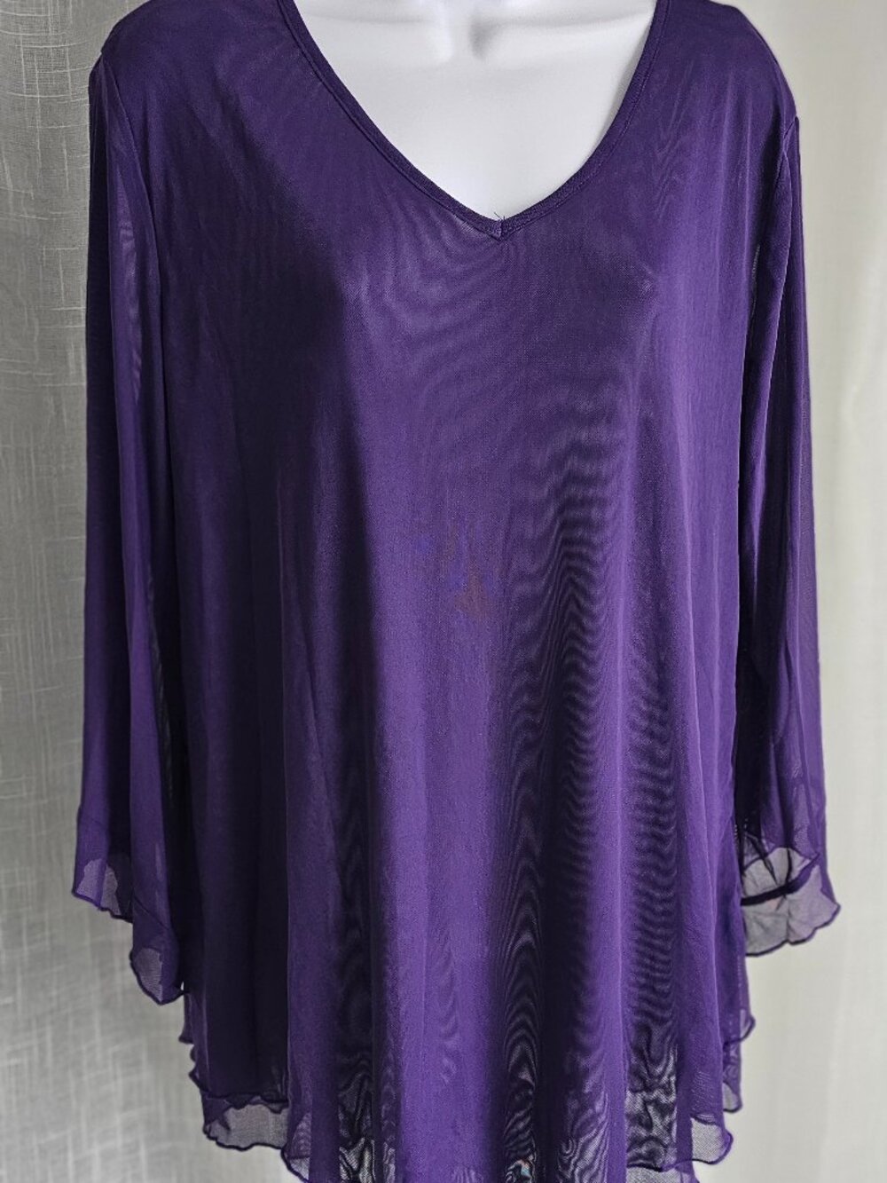 Women Long Sleeve V neck Asymmetric Hem Mesh Top Purple Size XL NEW